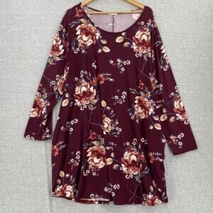 Sweet Lovely by Jen Dress Womens 3XL Plus Burgandy Floral Pullover Long Sleeve